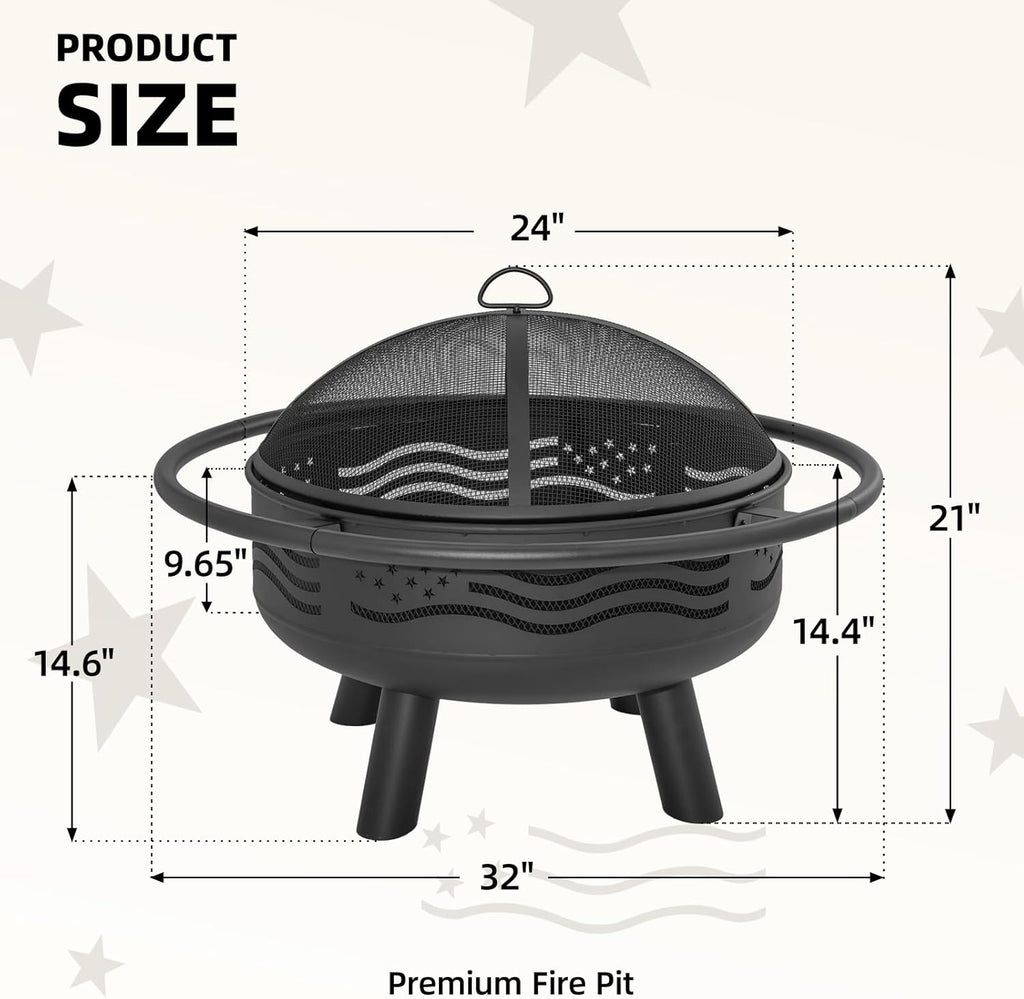 Breezz 32 Inch American Flag Fire Pit with Mesh Cover & Poker, Round Metal Wood Burning Outdoor Firepit for Patio, Garden, Backyard, Bonfire, Ideal for 4th of July, Memorial Day, Christmas
