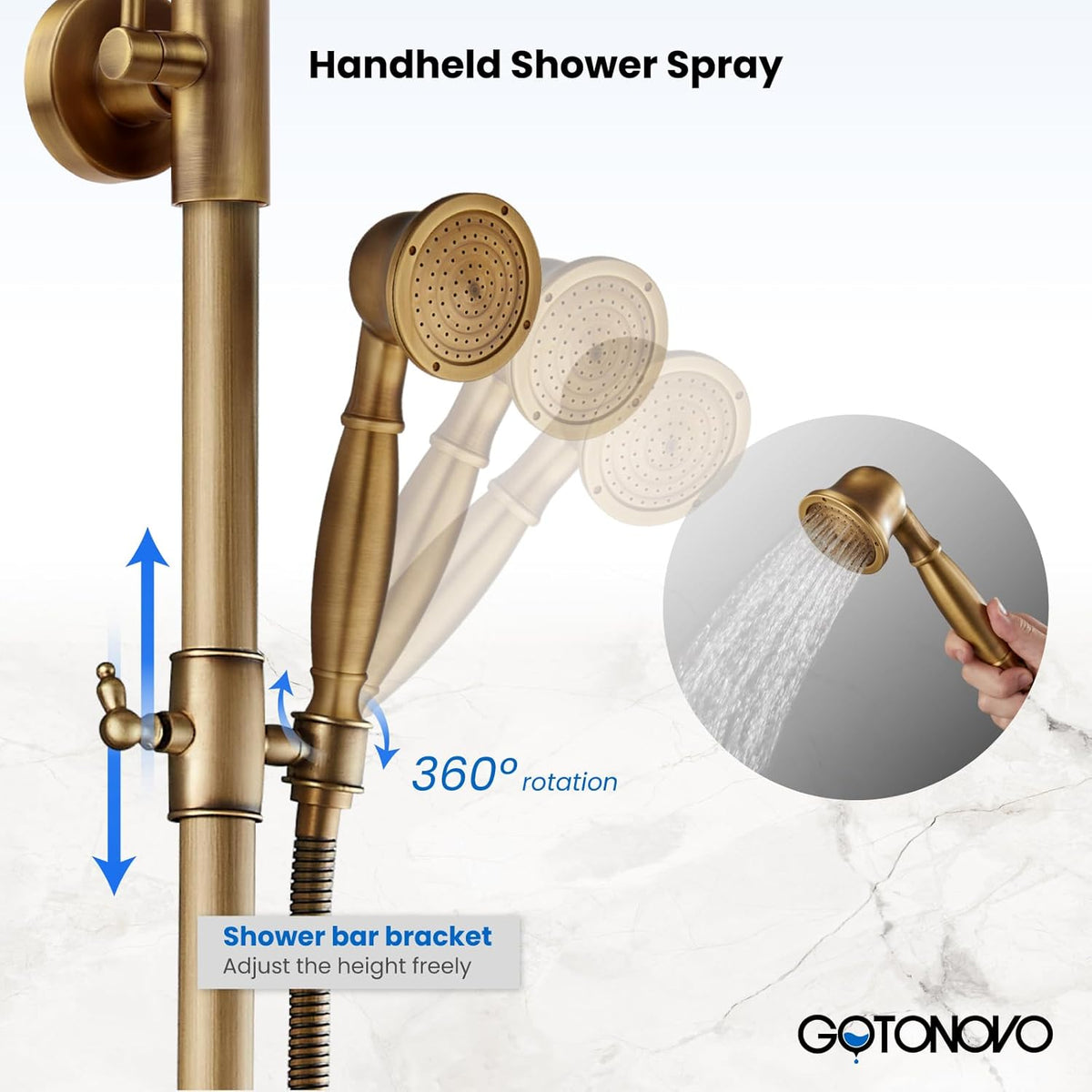 gotonovo Exposed Bathroom Shower Faucet Set Shower Fixture 8 Inch Rainfall Shower Head Handheld Shower Cross Handle Wall Mount 2 Functions Antique Brass