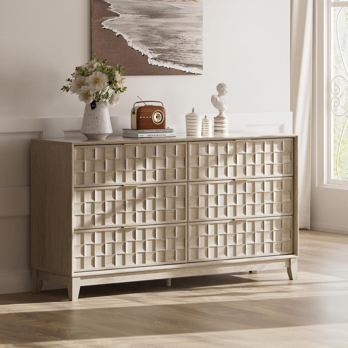 COLAMY Fluted Dresser, Modern Wooden 6 Drawer Dresser 55”, Side Board Buffet Storage Cabinet, Accent Cabinet with Metal Handles for Bedroom, Entryway, Hallway, Oak