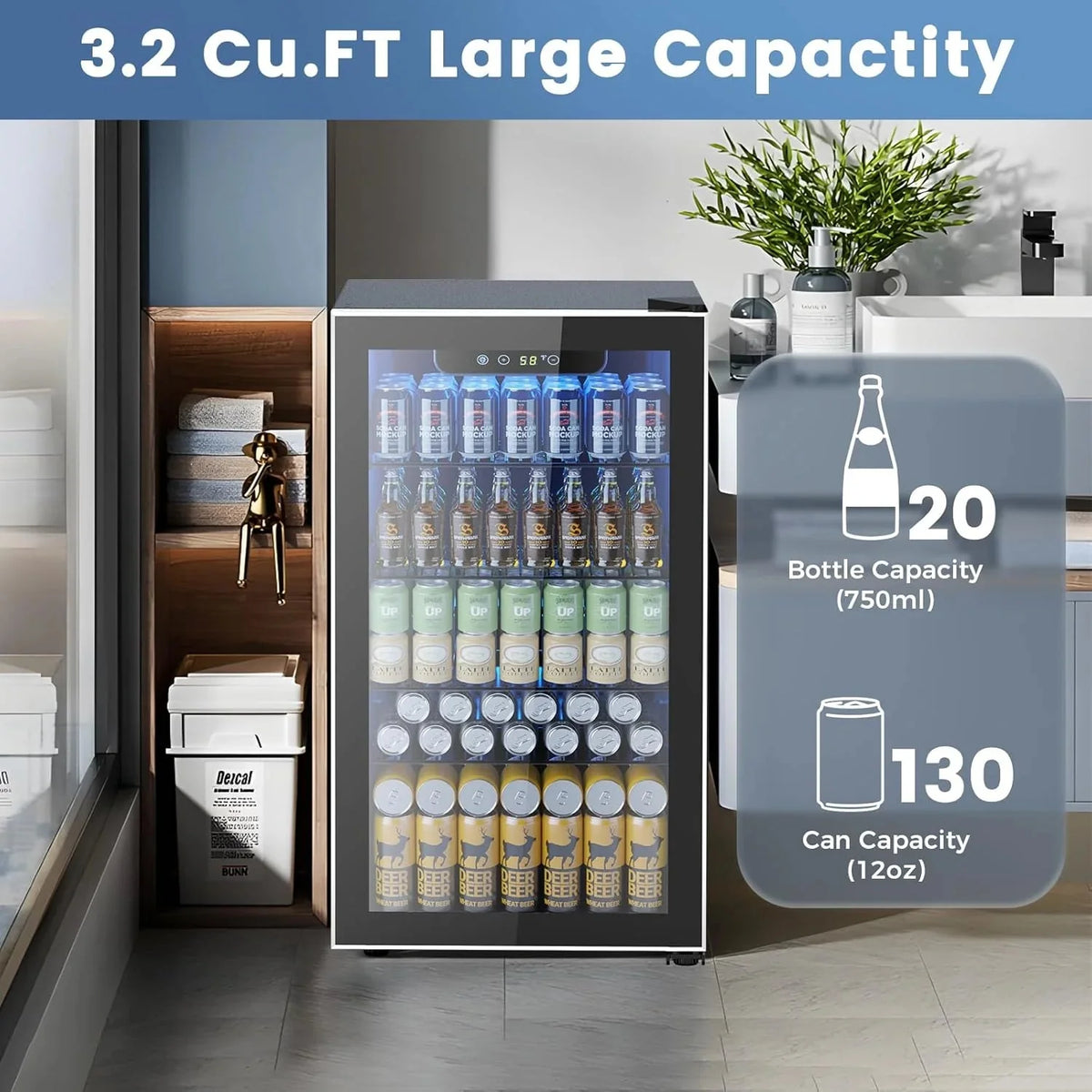 Mini Fridge 130 Can Beverage Refrigerator Cooler, 3.2 Cu.Ft Drink Fridge for Soda Wine Beer, Adjustable Temperature Control for Home Office, Black