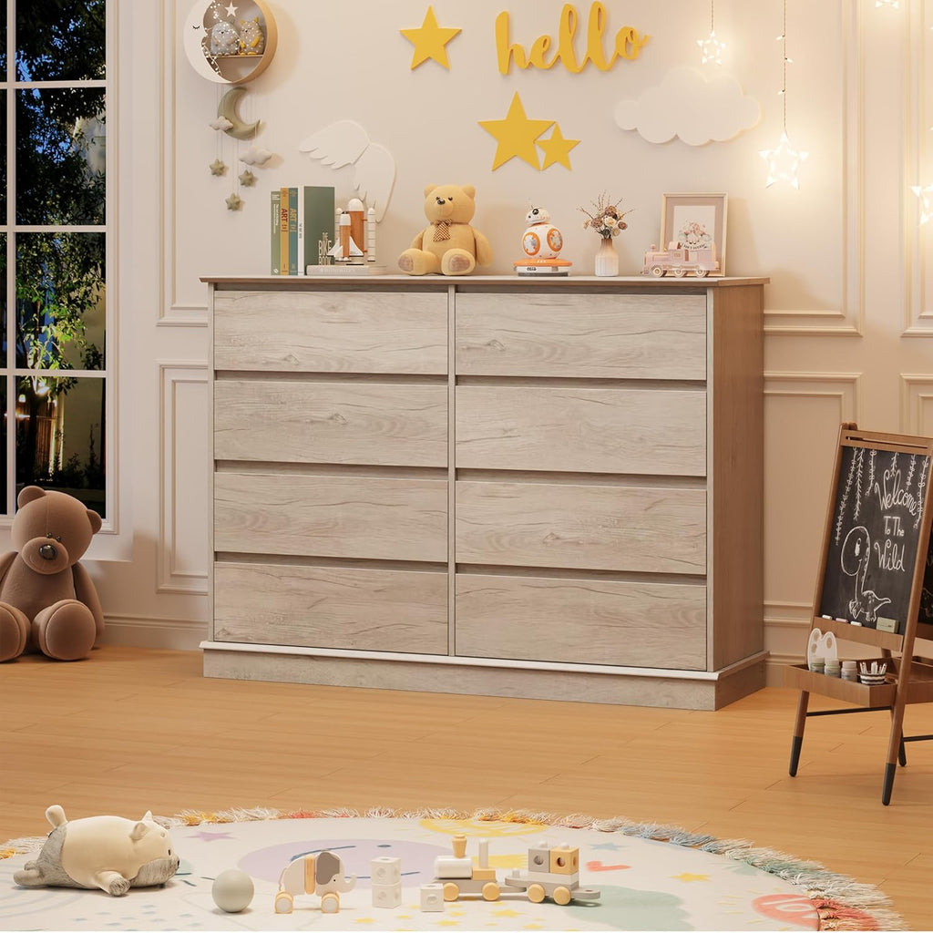 GarveeHome 8 Drawer Dressers for Bedroom, Chest of Drawers with Deep Drawers, Large Double Dresser for Closet with Wide Top, Horizontal Wooden Dresser for Living Room, Hallway, Kids Room, Oak