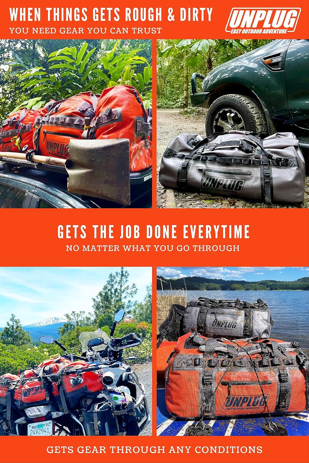 UNPLUG Ultimate Adventure Bag -1680D Heavy Duty Waterproof Travel Duffel Bags for Camping, Motorcycle Dry Bag, Waterproof Bags for Boating, Waterproof Duffle Backpack,Tactical Duffle Bag