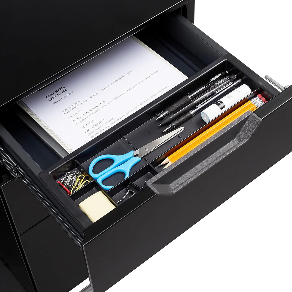 Amazon Basics 3-Drawer Mobile File Cabinet with Lock, Rolling Filing Cabinet for Hanging Files, Black, 20.71" D x 15.51" W x 24.29" H | With Lock