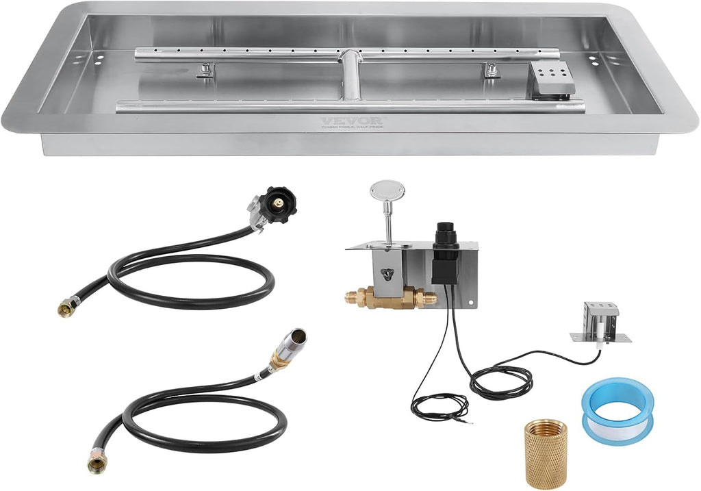 VEVOR 36 x 12 inch Drop-in Fire Pit Pan, Rectangular Stainless Steel Fire Pit Burner Kit, Propane Fire Pan 150,000 BTU with H-Burner for Indoor or Outdoor Use