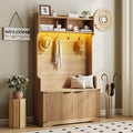 Maupvit Farmhouse Hall Tree with Bench and Shoe Storage, 4 Coat Rack with Shoe Storage Cabinet, 5-in-1 Entryway Organizer with Led Lights, Adjustable Shelves & Flip Drawers, Mudroom Seat Stool, Oak