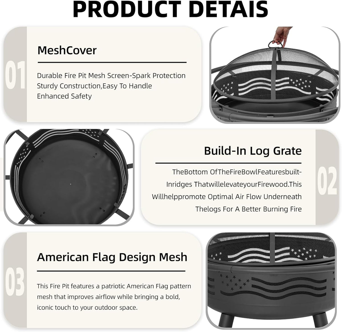 Breezz 32 Inch American Flag Fire Pit with Mesh Cover & Poker, Round Metal Wood Burning Outdoor Firepit for Patio, Garden, Backyard, Bonfire, Ideal for 4th of July, Memorial Day, Christmas