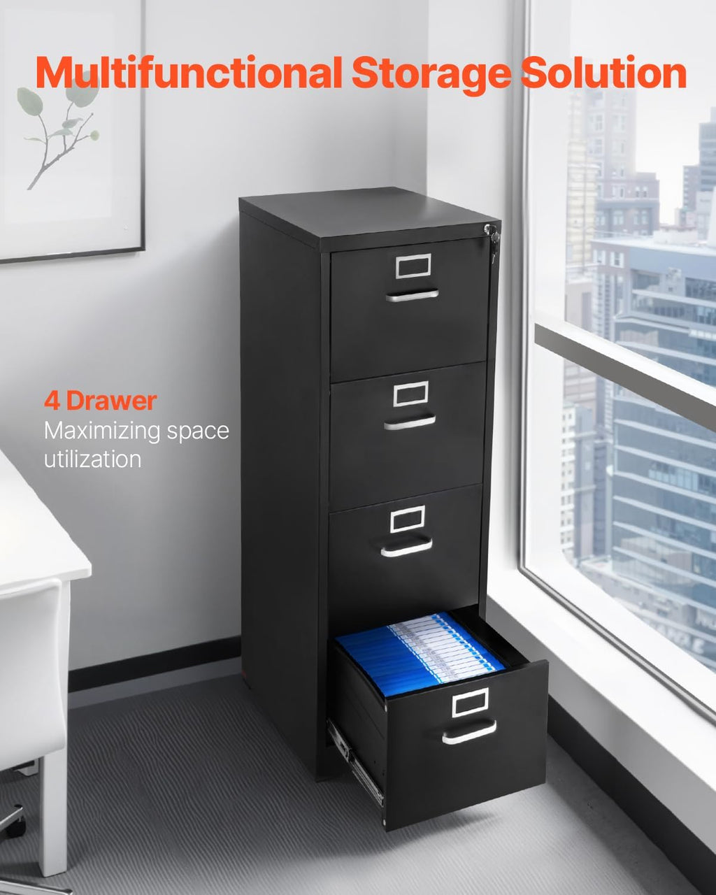 VEVOR 4 Drawer File Cabinet with Lock, Metal Vertical Filing Storage Cabinets for Home Office, Heavy-Duty Cabinet with Detachable Hanging Rod, for A4/Letter/Legal Size File, Easy Assembly (Black)