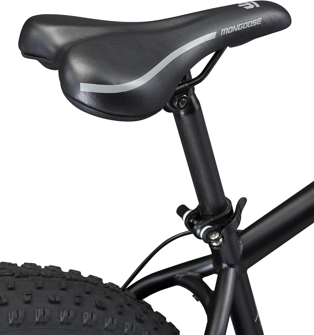 Mongoose Malus Mens and Women Fat Tire Mountain Bike, 26-Inch Bicycle Wheels, 4-Inch Wide Knobby Tires, Steel Frame, 7 Speed Drivetrain, Shimano Rear Derailleur, Disc Brakes
