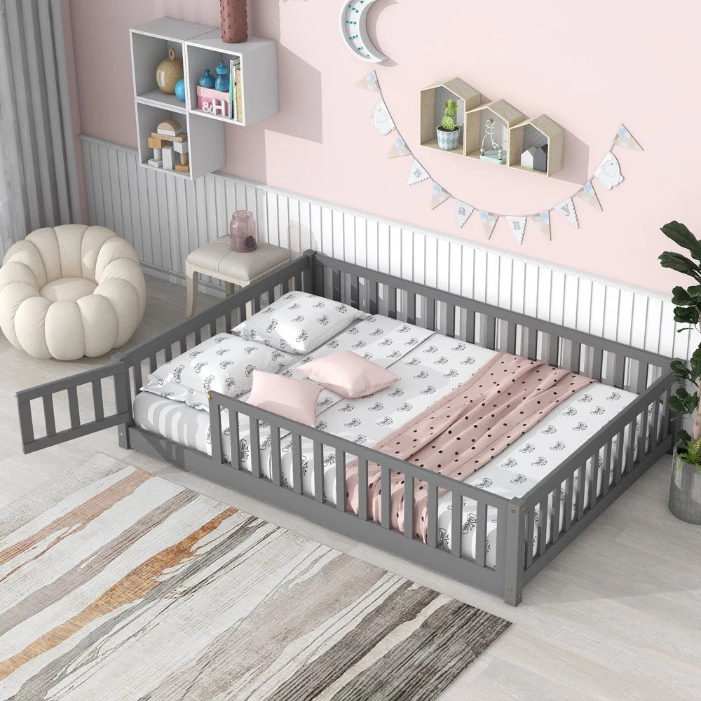 Uhomepro Full Size Kids Floor Bed with Fence & Door, Pine Wood, Playhouse Design