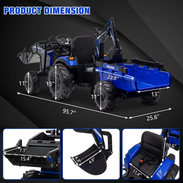 3-in-1 Ride-On Tractor, 24V Electric, Excavator & Bulldozer, Remote Control, LED, Music, USB/Bluetooth max 66 lbs – Bright-blue