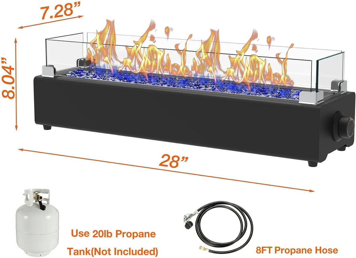 28-inch Table Top Propane Fire Pit, 40,000 BTU Tabletop Firepit for Patio, Outdoor Portable Rectangular Fire Bowl w/Wind Glass Shield, Glass Rocks - Black