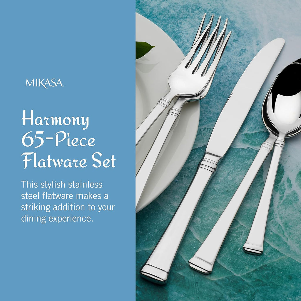Mikasa Harmony 65-Piece 18/10 Stainless Steel Flatware Set, Service for 12, Polished Silverware with Serving Utensils, Dishwasher Safe