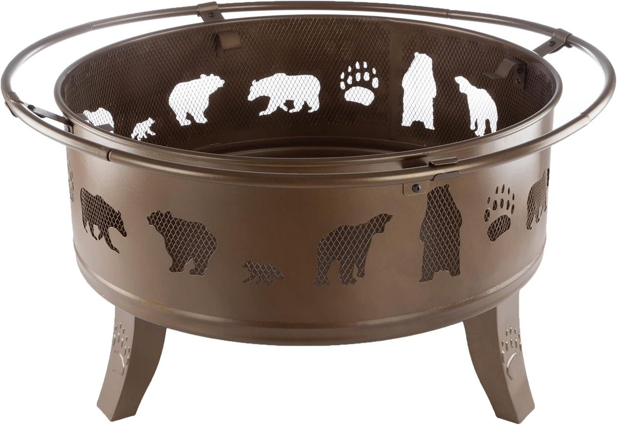 Pure Garden 50-LG1202 32” Outdoor Deep Fire Pit-Round Large Steel Bowl with Bear Cutouts, Mesh Spark Screen, Log Poker & Storage Cover-Patio Wood Burning, Antique Gold