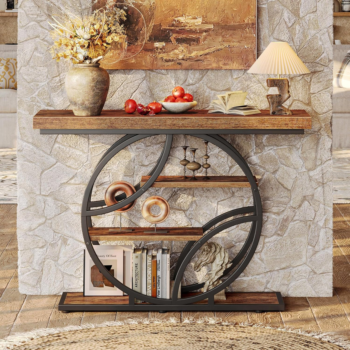 Huuger Modern Console Table, 41.3 Inch Sofa Table with Artistic Curved Metal Frame, Narrow Entryway Table for Hallway, Living Room, Behind Couch, Rustic Brown