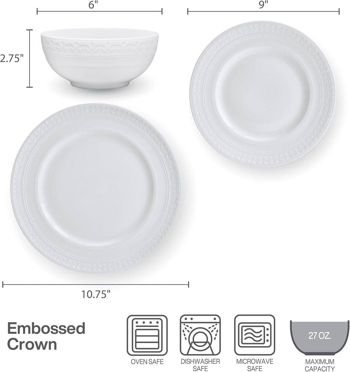 Mikasa Crown White Chip Resistant 18 Piece Dinnerware Set, Service for 6