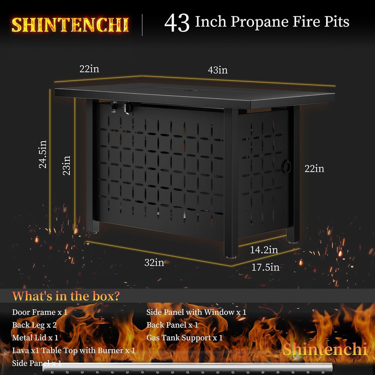 Shintenchi 43" Propane Fire Pit Table,50,000 BTU Rectangular Gas Fire Pit Table,CSA-Certified Steel 2-in-1 Multi-Use Propane Gas FirePits with Lid and Lava Rocks for Patio Garden Yard,Black