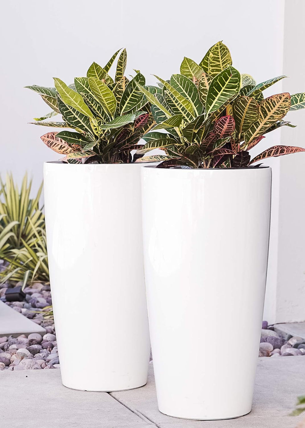Nested Plastic Self Watering Indoor Outdoor Tall Round Planter Pot, Set of 2, 29.5 Inch Tall, White