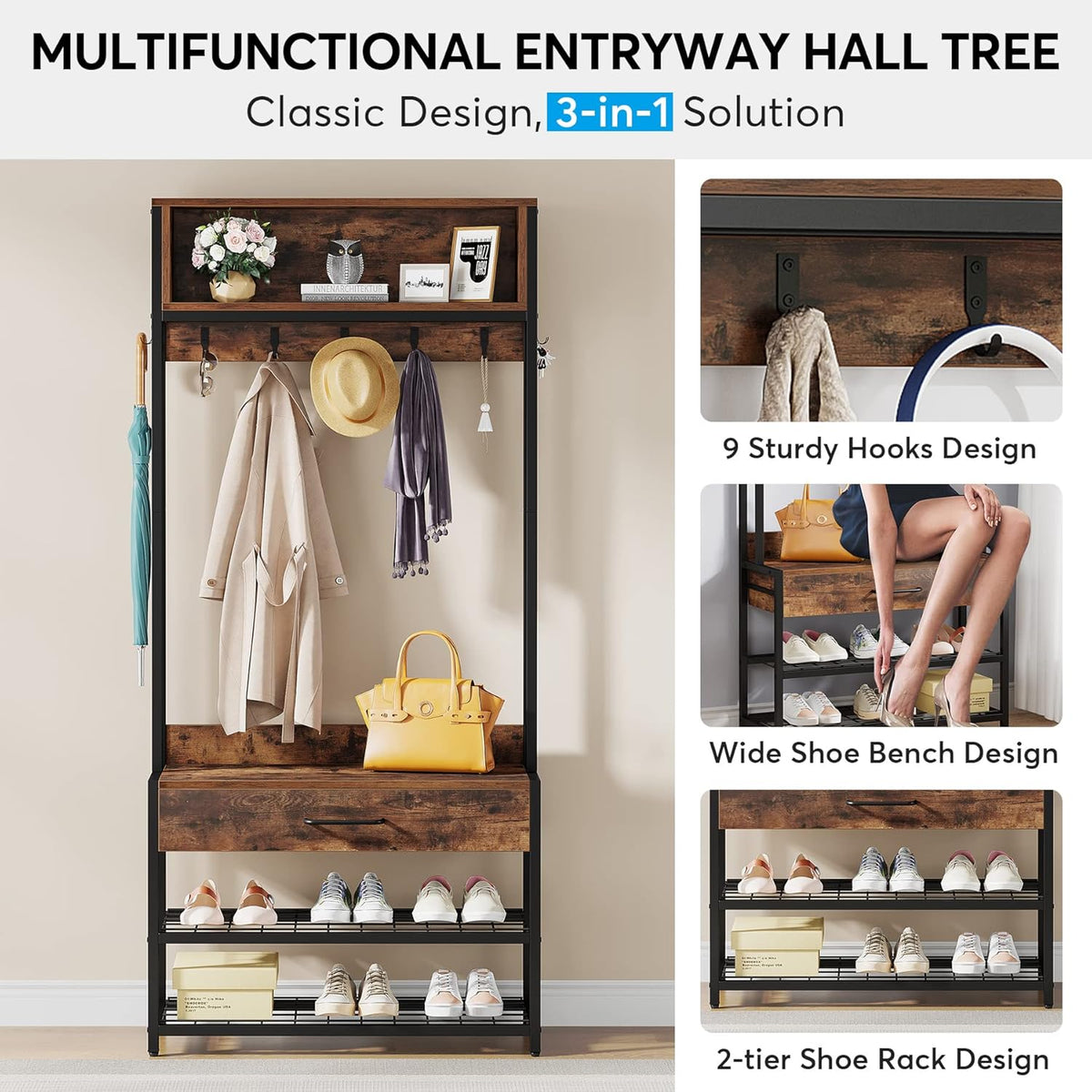Tribesigns 3-in-1 Entryway Hall Tree with Drawer, Vintage Industrial Coat Rack with Shoe Bench and Hutch, Mudroom Bench with Shoe Storage Rack and 9 Hooks for Living Room Bedroom (Brown)