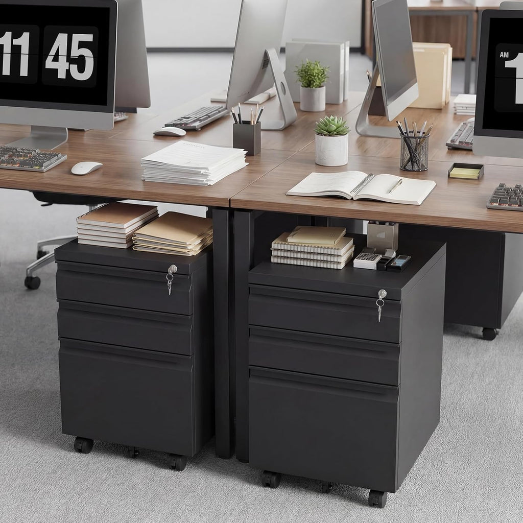 3 Drawer File Cabinet on Wheels,25.6" H Black Filing Cabinet with Lock,Under Desk Metal File Cabinet for Home Office Organizer Letters/Legal/A4(Fully Assembled)
