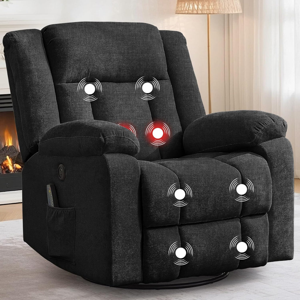 Rocker Recliner, Glider Recliner Chairs for Adults, 360° Swivel Rocking Chair with Massage and Heating, Nursery Chair with Storage and USB Charging for Living Room, Bedroom, Nursery