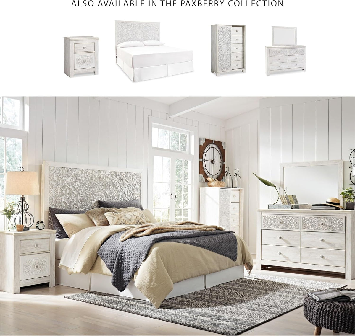 Signature Design by Ashley Paxberry Boho 6 Drawer Dresser, Smooth-gliding Faux Laminate Lined Drawers, Wood, 61.26" W x 15.83" D x 40" H, Whitewash