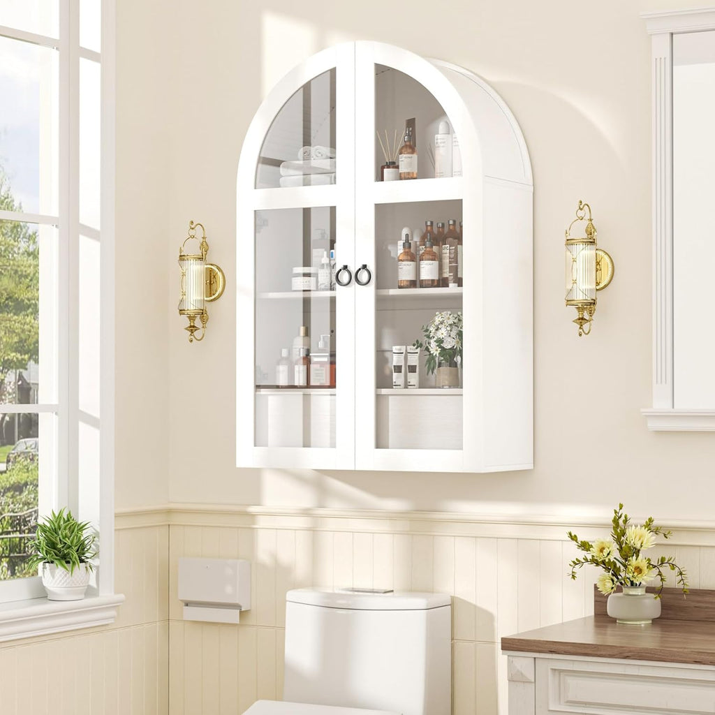 Medicine Cabinet with Tempered Glass Door, Arched Bathroom Wall Cabinet with Adjustable Shelf, for Kitchen, Living Room, Entryway, Laundry Room, Apartment, Office, Small Space, White