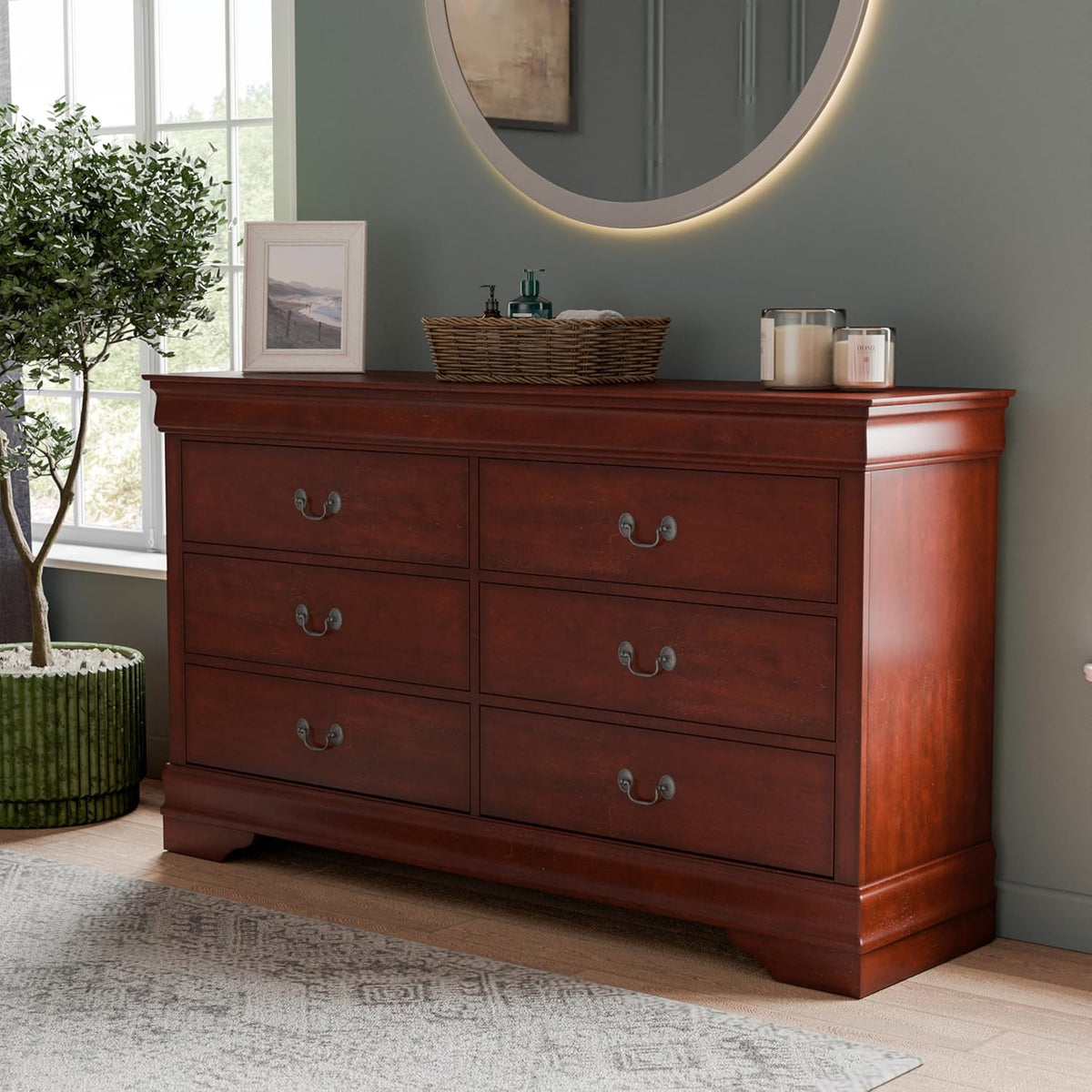 Furniture of America Arabella Traditional 6-Drawer Double Dresser with Antique Nickle Handles and Bracket Style Feet, No Assembly, Freestanding Storage Cabinetfor Bedroom, Living Room, Cherry