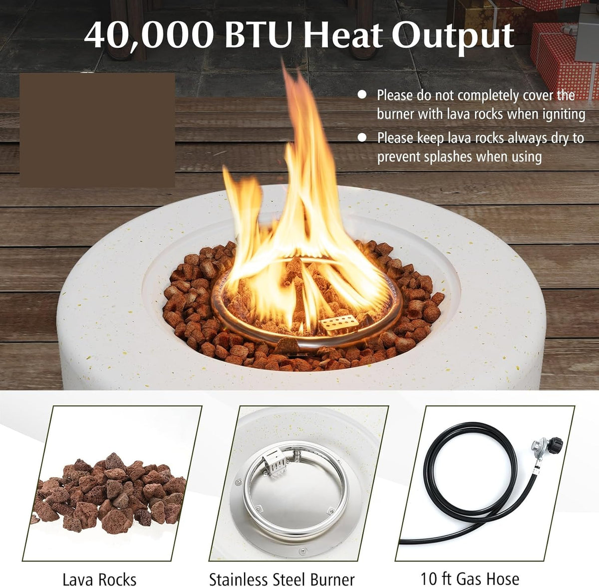 Tangkula Propane Fire Pit Table, 25.5” Round Terrazzo Gas Fire Pit with Stainless Steel Burner & Lava Rocks, Protective Cover & Tank Seat Included, 40,000 BTU Smokeless Fire Pit for Outside Patio