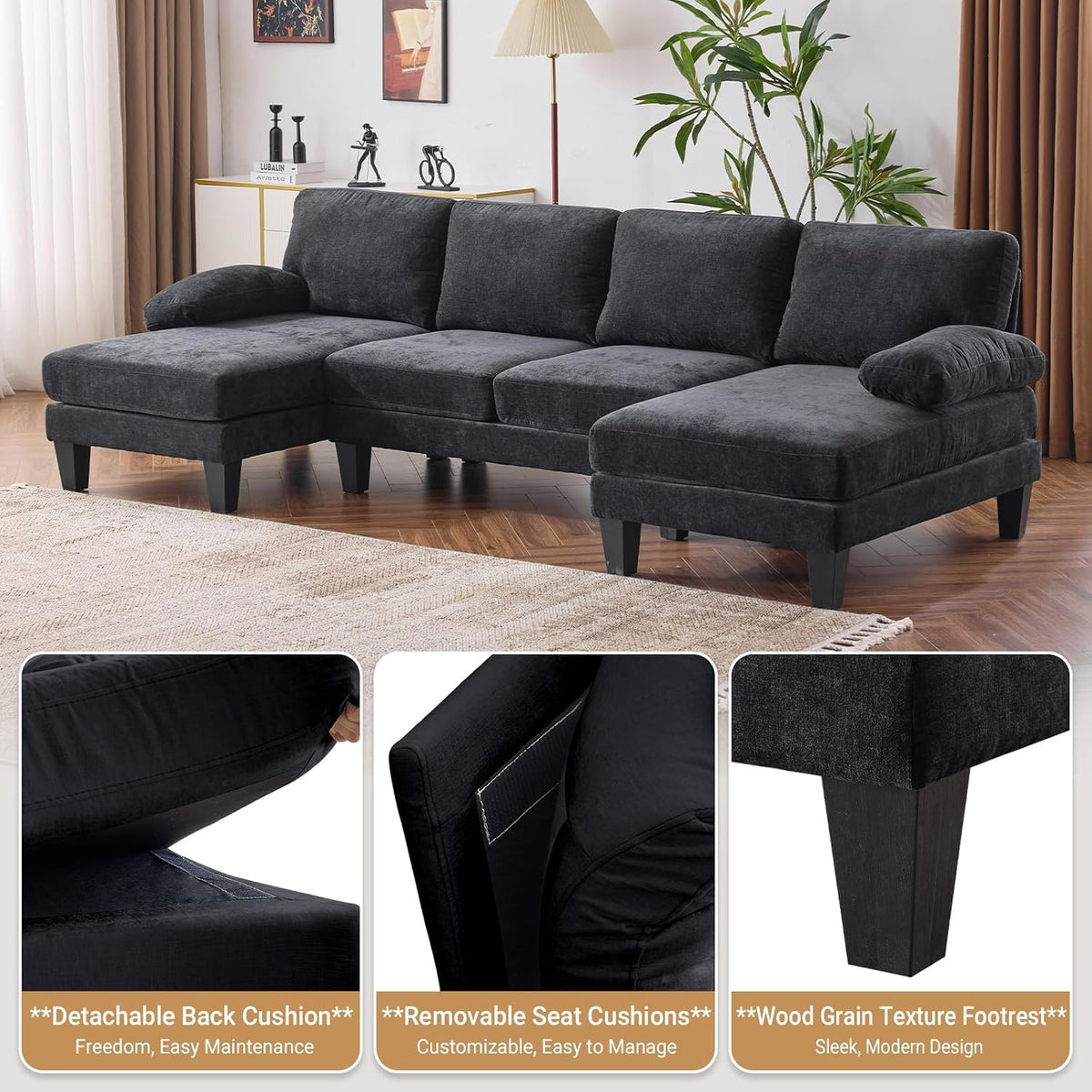VINGLI 110" Sectional Couches for Living Room,U Shaped Couch with Double Chaise, 4-Seat Sofa Set with Chenille Fabric for Home Furniture,Beige