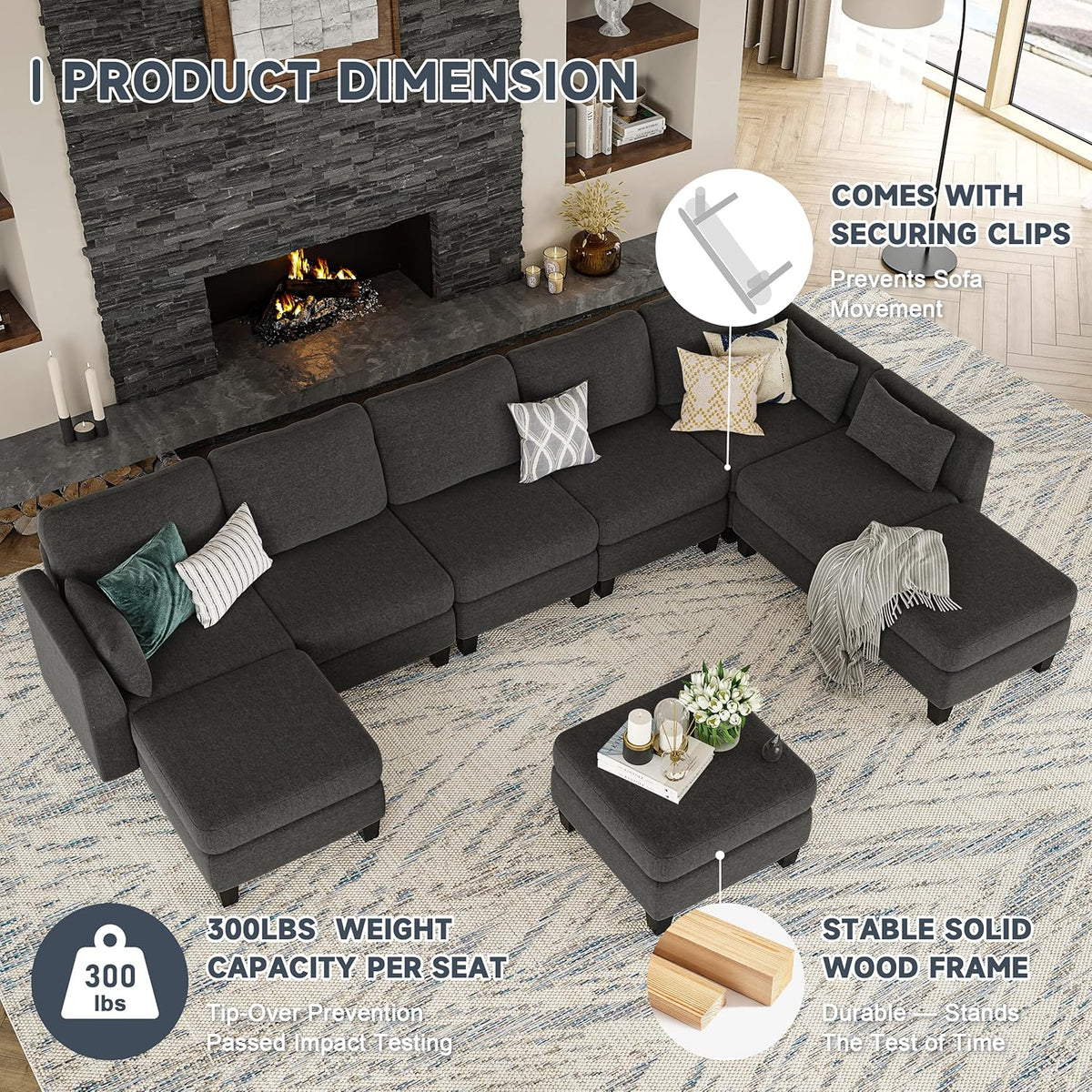 Modular Sectional Sofa, Convertible U Shaped Sofa Couch with High Density Memory Foam, 6 Seat Comfy Modular Sofa Couch for Living Room, Modern U Shaped Sectional Sofa, Dimgrey