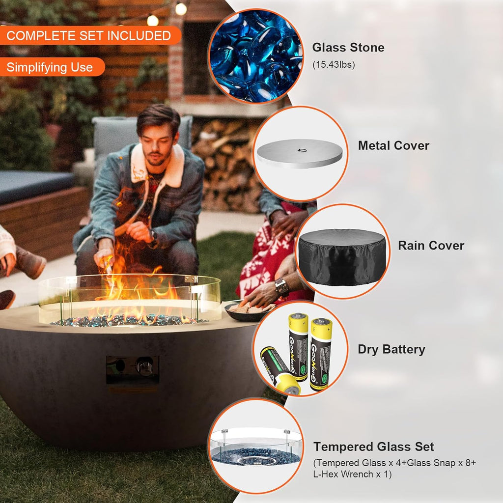 VEVOR Propane Fire Pit, Outdoor Concrete Gas Fire Pit, 39 in Tabletop with Lava Rocks, Lid,Rain Cover,Adjust Flame Height Camping Firepit for Heating, Lighting, 50000 BTU