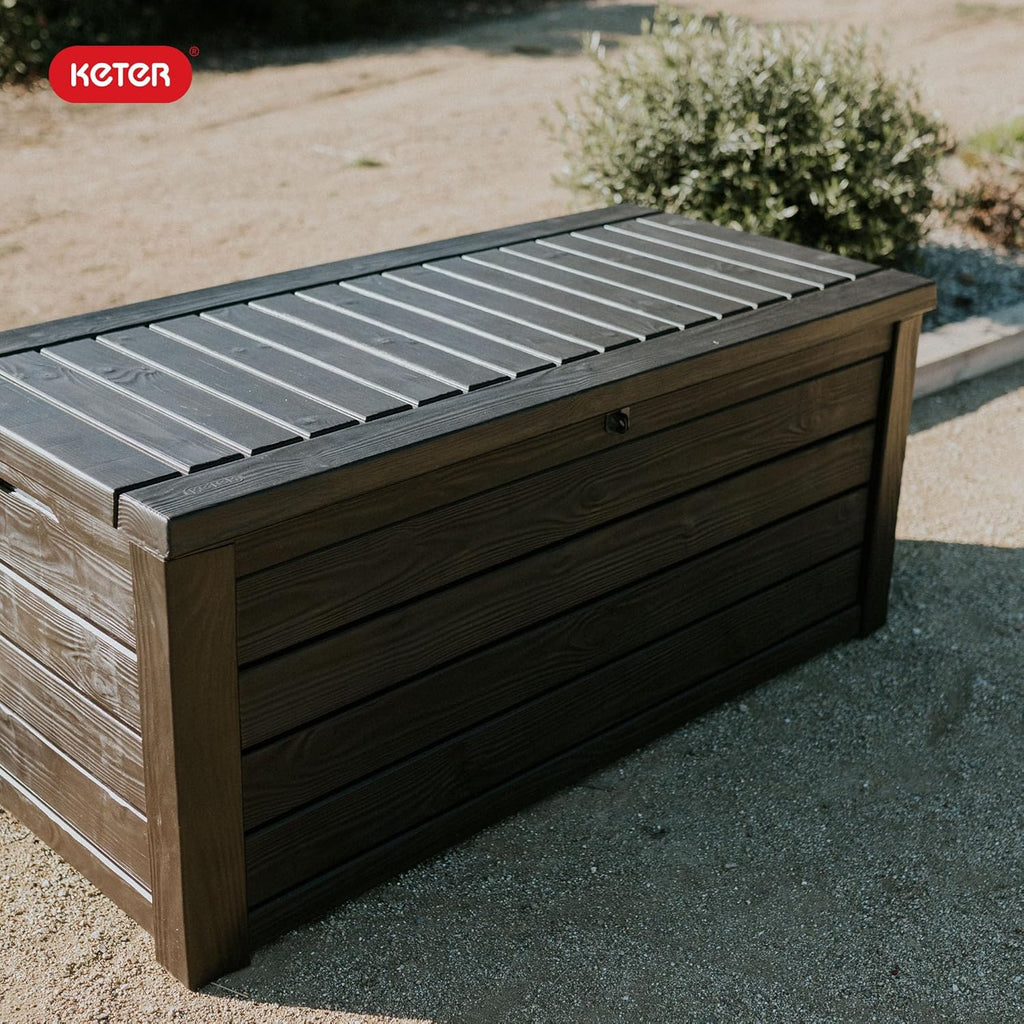 Keter 150 Gallon Resin Large Deck Box Organization and Storage Box for Patio, Outdoor Cushions, Garden Tools, Brown