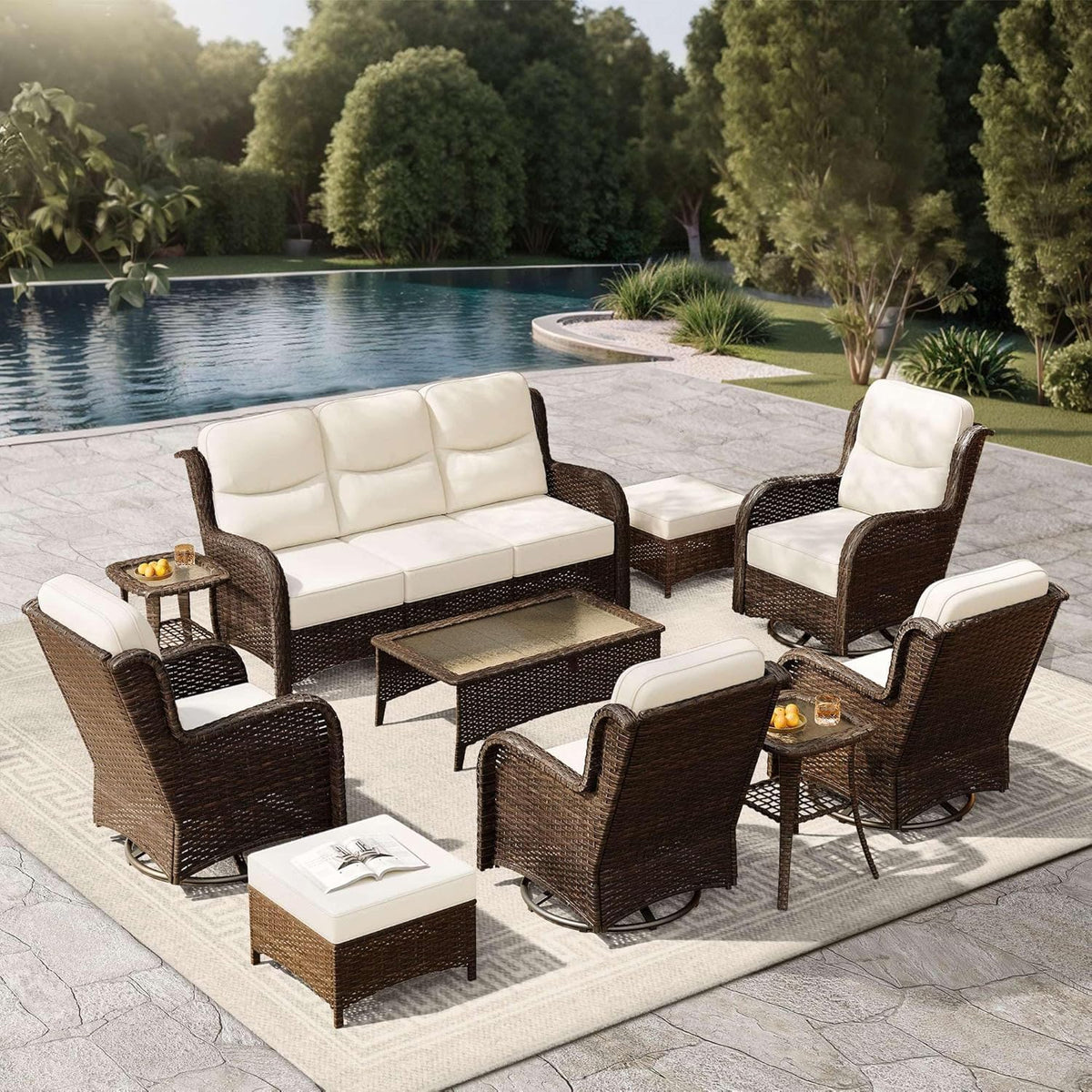 Outdoor Swivel Rocker Patio Chairs with 6-Inch Thick Cushions and Side Table, 3PCS High Back Wicker Patio Furniture Set for Porch, Balcony, Deck and Yard in Blue