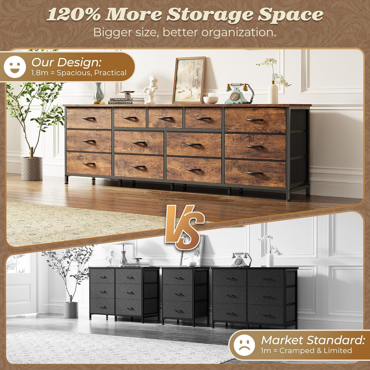 Huuger 70 Inch Dresser for Bedroom, TV Stand for 65, 75, 80 Inch TV, 13 Fabric Drawer Long Dresser, Large Entertainment Center for Bedroom, Wide Chest of Drawer with Storage, Rustic Brown