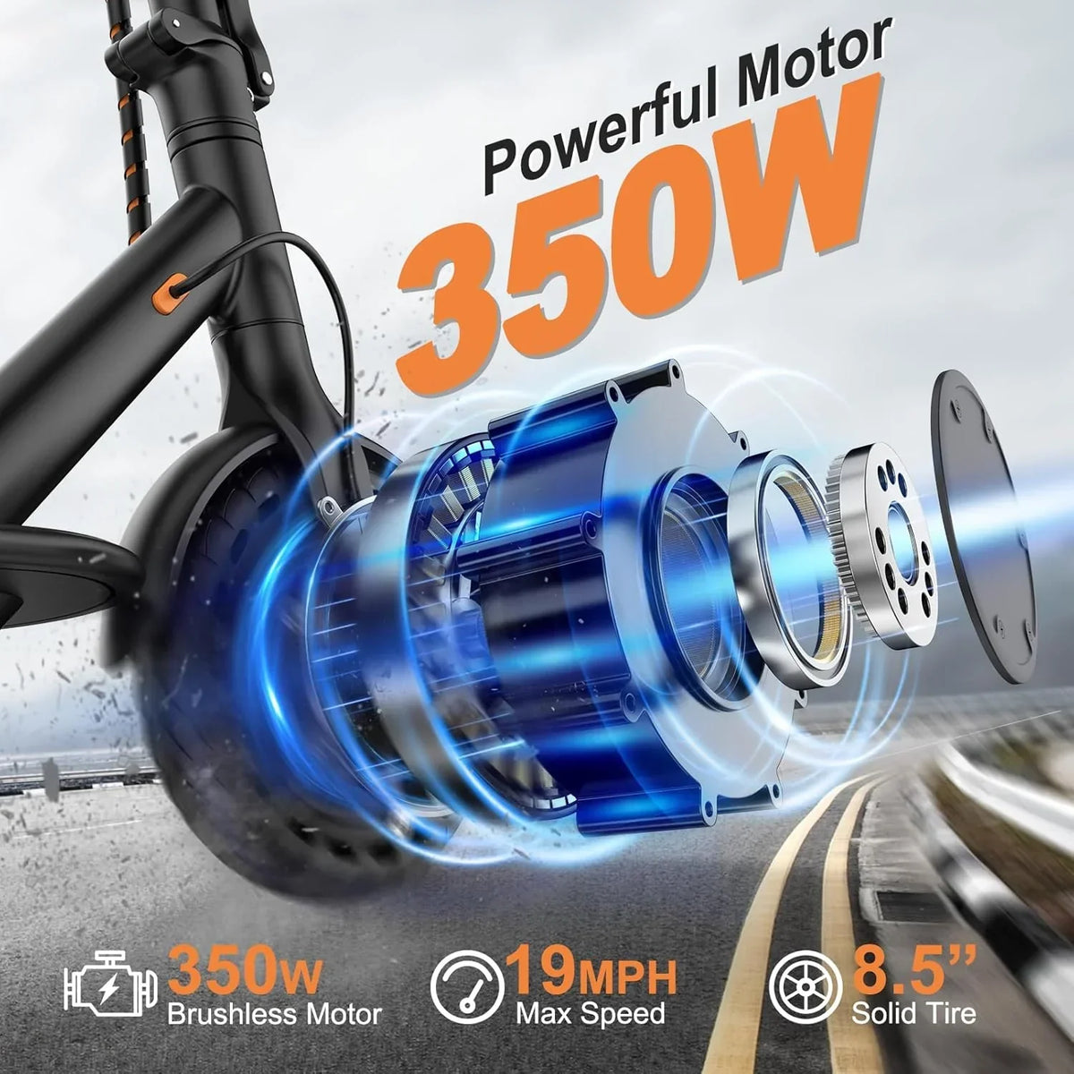 Electric Scooter, 350W/500W Powerful Motor, 8.5"/10" Solid Tires, 19/22Mph, 28/21/12 Miles Range,Dual Braking
