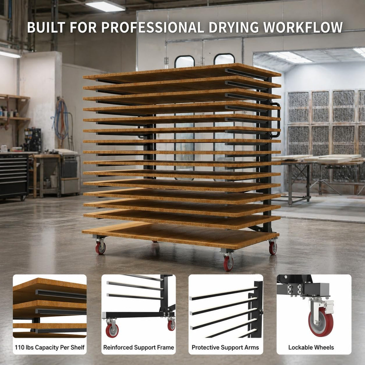 Paint Drying Rack,15-Tier Heavy-Duty Steel Drying Painting Rack for Cabinet Doors, Adjustable Width 12 to 58 Inch,110 lbs Per Shelf,Black Drying Rack with Lockable Wheels for Paint Shops