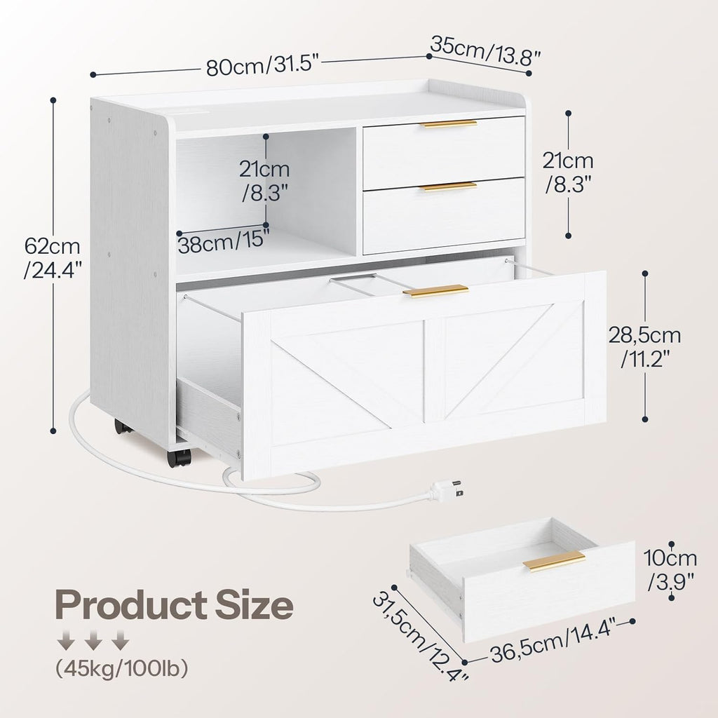 HOOBRO Lateral File Cabinet, Wooden Office Storage Drawers with Charging Station, Filing Cabinet for Home Office, A4/Letter/Legal-Sized Files, Printer Stand with Open Storage Spaces, White WT37UWJ01