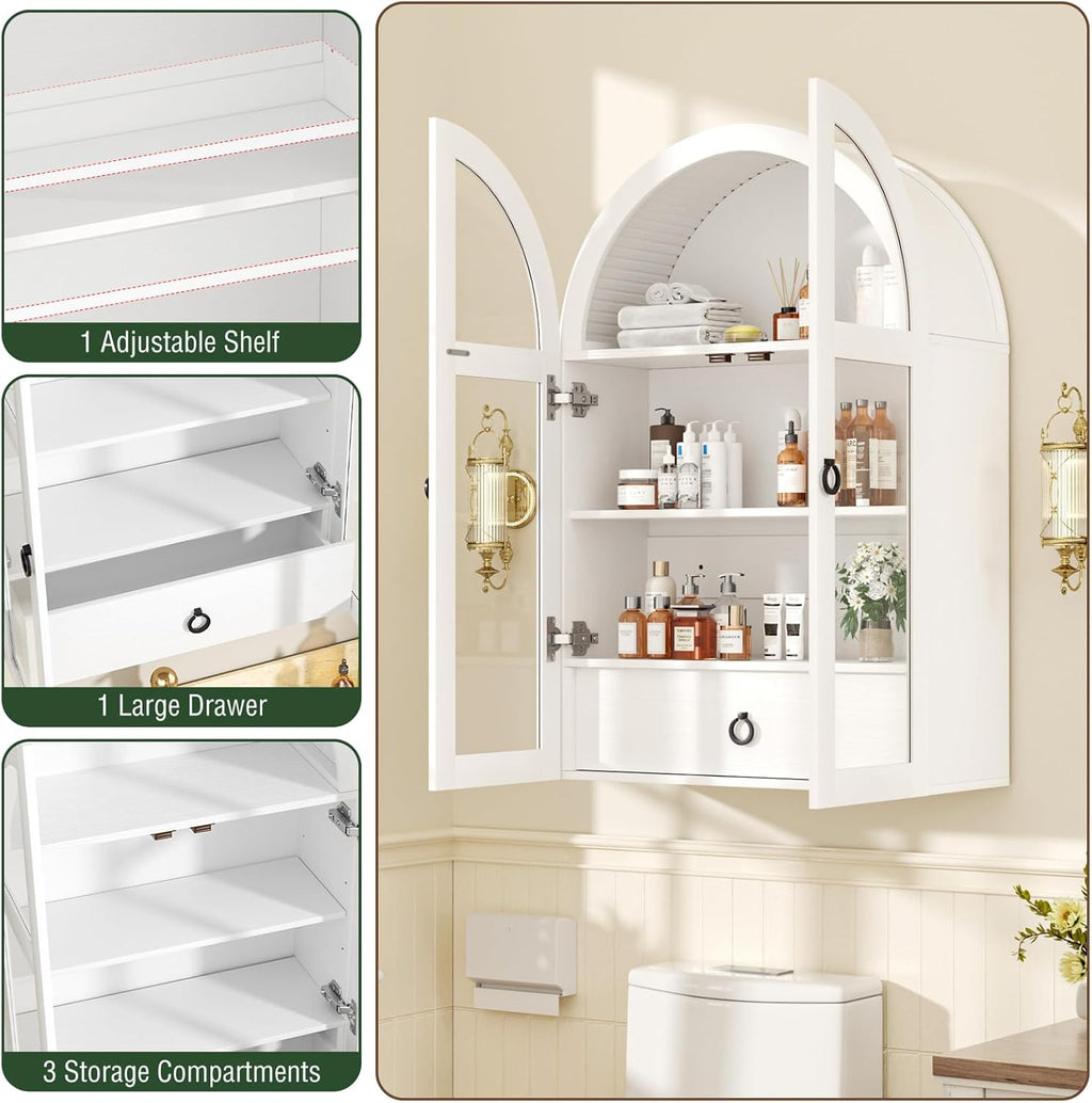Medicine Cabinet with Tempered Glass Door, Arched Bathroom Wall Cabinet with Adjustable Shelf, for Kitchen, Living Room, Entryway, Laundry Room, Apartment, Office, Small Space, White