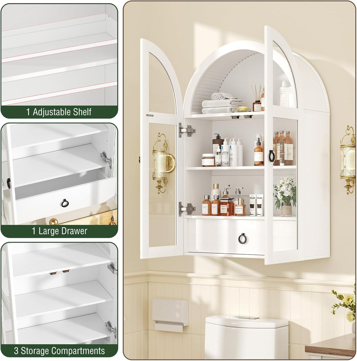 Medicine Cabinet with Tempered Glass Door, Arched Bathroom Wall Cabinet with Adjustable Shelf, for Kitchen, Living Room, Entryway, Laundry Room, Apartment, Office, Small Space, White