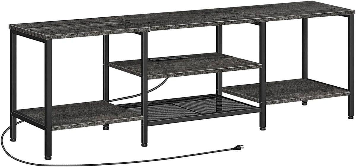 TV Stand with Power Outlets to 75 Inches, TV Console Table with Open Storage Shelves Cabinet, Industrial Media Entertainment Center for Living Room Bedroom, Rustic Brown and Black BF60DS01