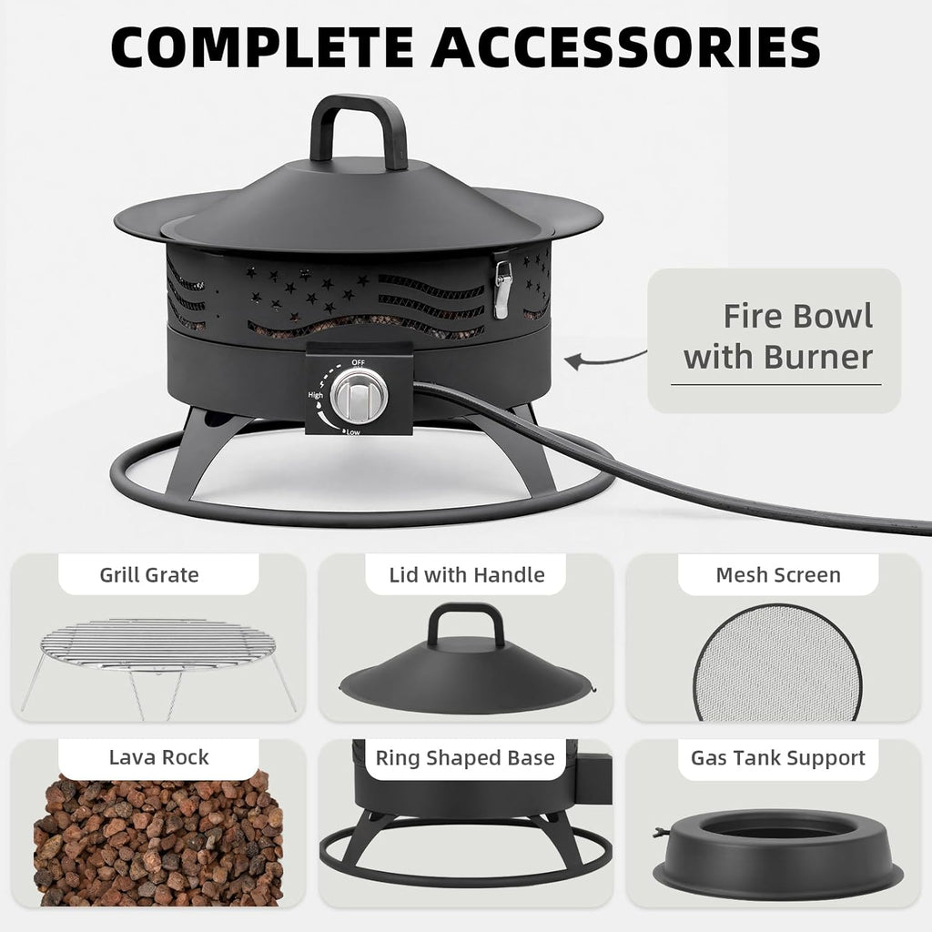 Portable Propane Fire Pit, 24 Inch Smokeless Gas Fire Pit Bowl for Outside, 60,000 BTU Outdoor Firepit with Grill Grate & Lid for Camping, Patio, Yard, Garden