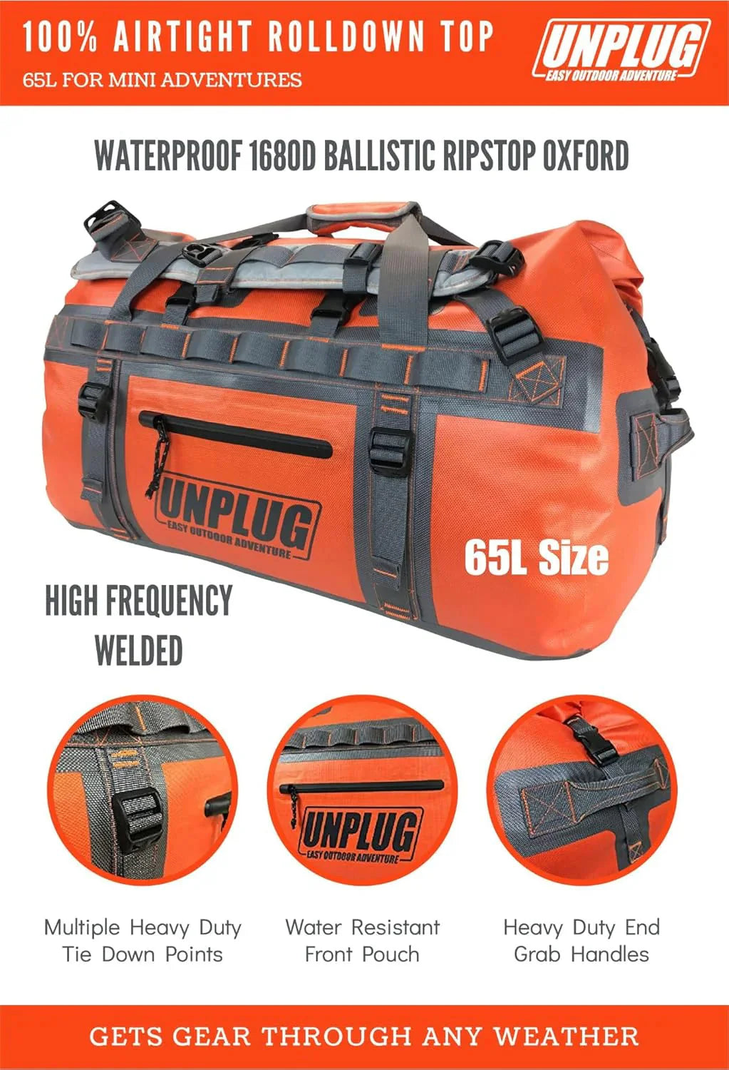 UNPLUG Ultimate Adventure Bag -1680D Heavy Duty Waterproof Travel Duffel Bags for Camping, Motorcycle Dry Bag, Waterproof Bags for Boating, Waterproof Duffle Backpack,Tactical Duffle Bag