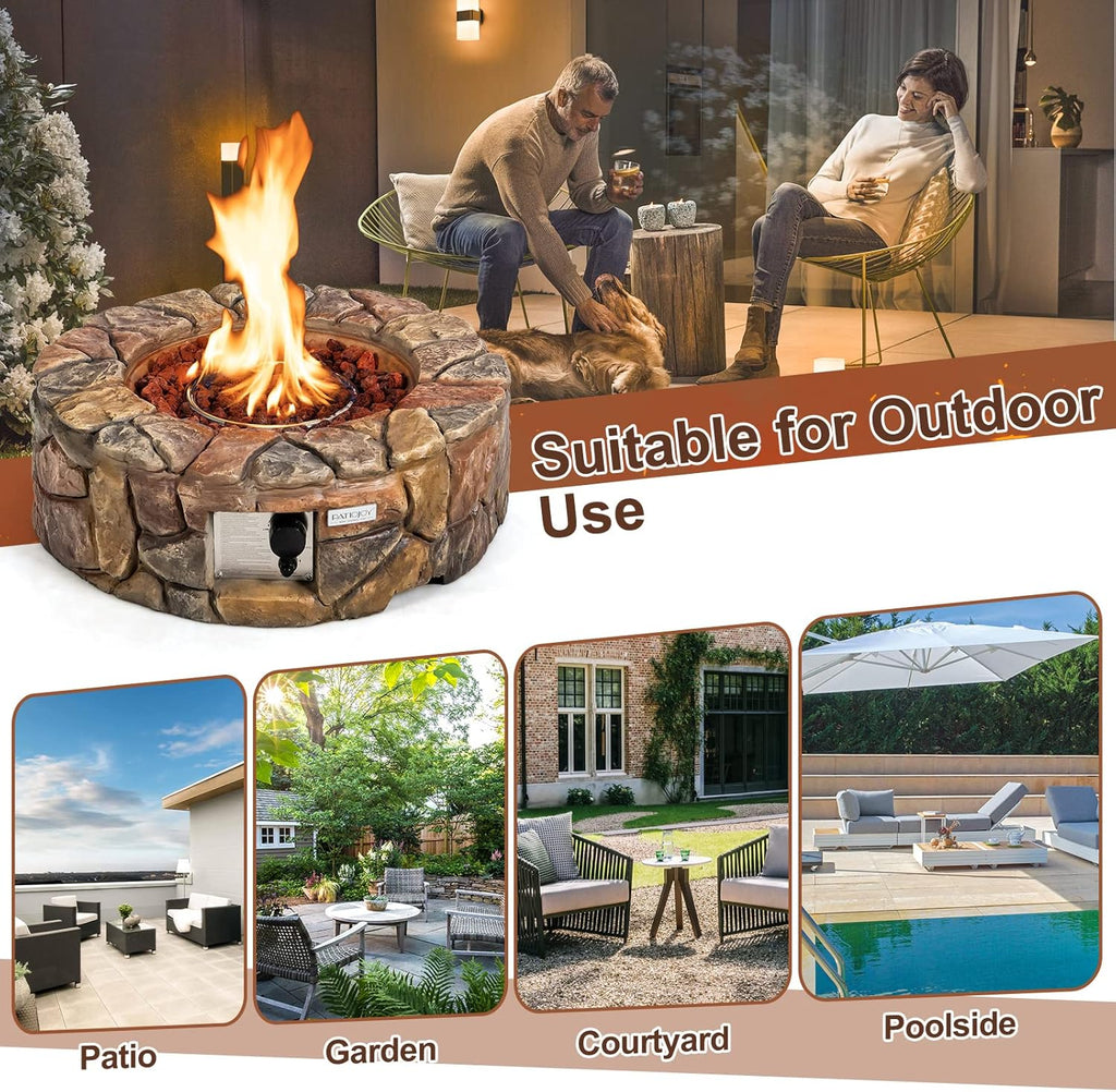Tangkula 28 Inch Round Propane Gas Fire Pit, Patiojoy 40,000 BTU Stone Look Outdoor Propane Fire Pit with Lava Rocks & PVC Cover, Faux Stone Gas Fire Pit Table for Patio, Courtyard, Garden (Brown)