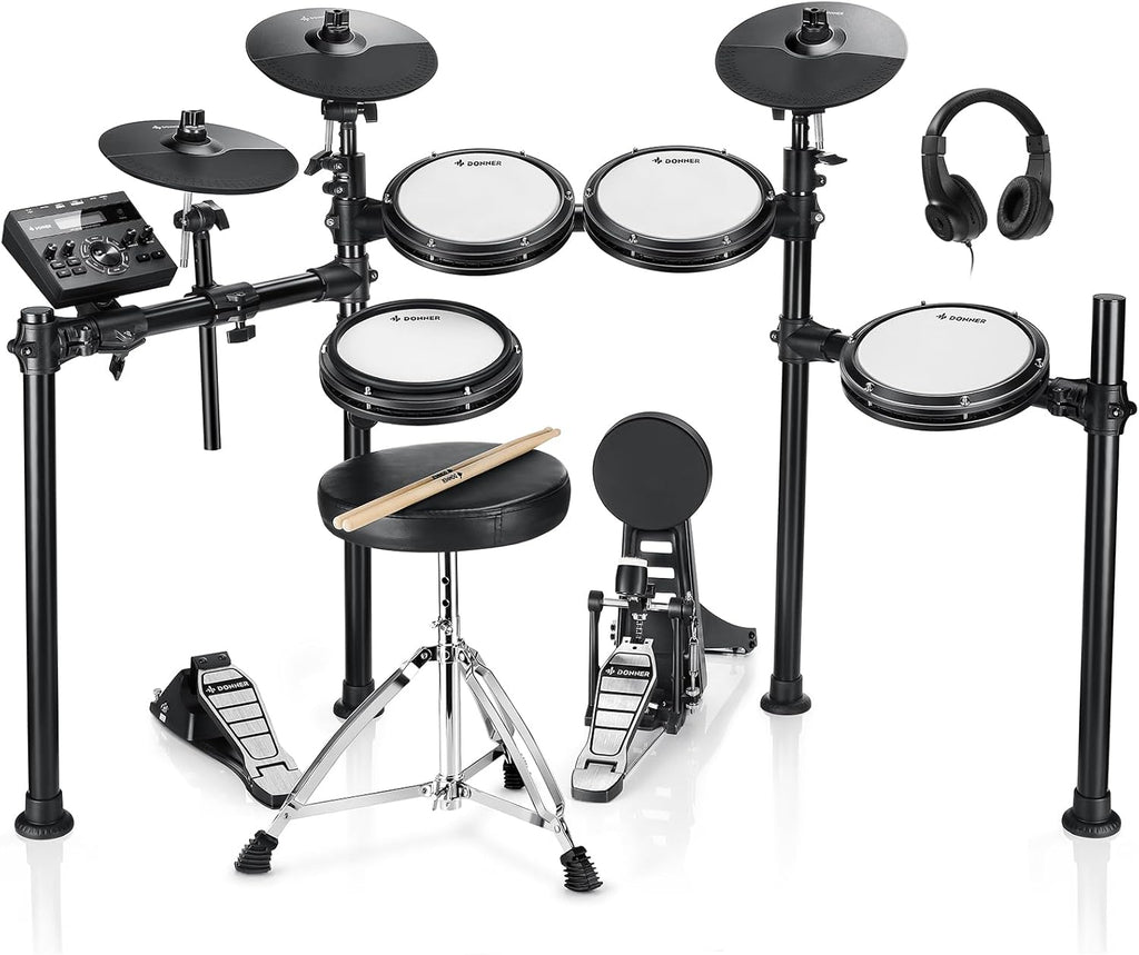 Donner DED-200 Electric Drum Sets with Quiet Mesh Drum Pads, 2 Cymbals w/Choke, 31 Kits and 450+ Sounds, Throne, Headphones, Sticks, USB MIDI, Melodics Lessons (5 Pads, 3 Cymbals)