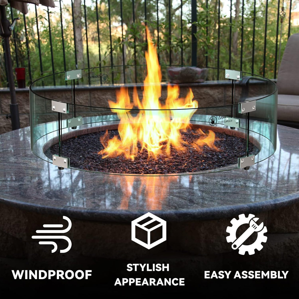Skyflame 29" Round Glass Wind Guard, Upgraded Prevent Falling Apart Thick/Clear Tempered Glass Panel with Hard Aluminum Corner Bracket & Feet for 24" Round Fire Pit Burner Pans