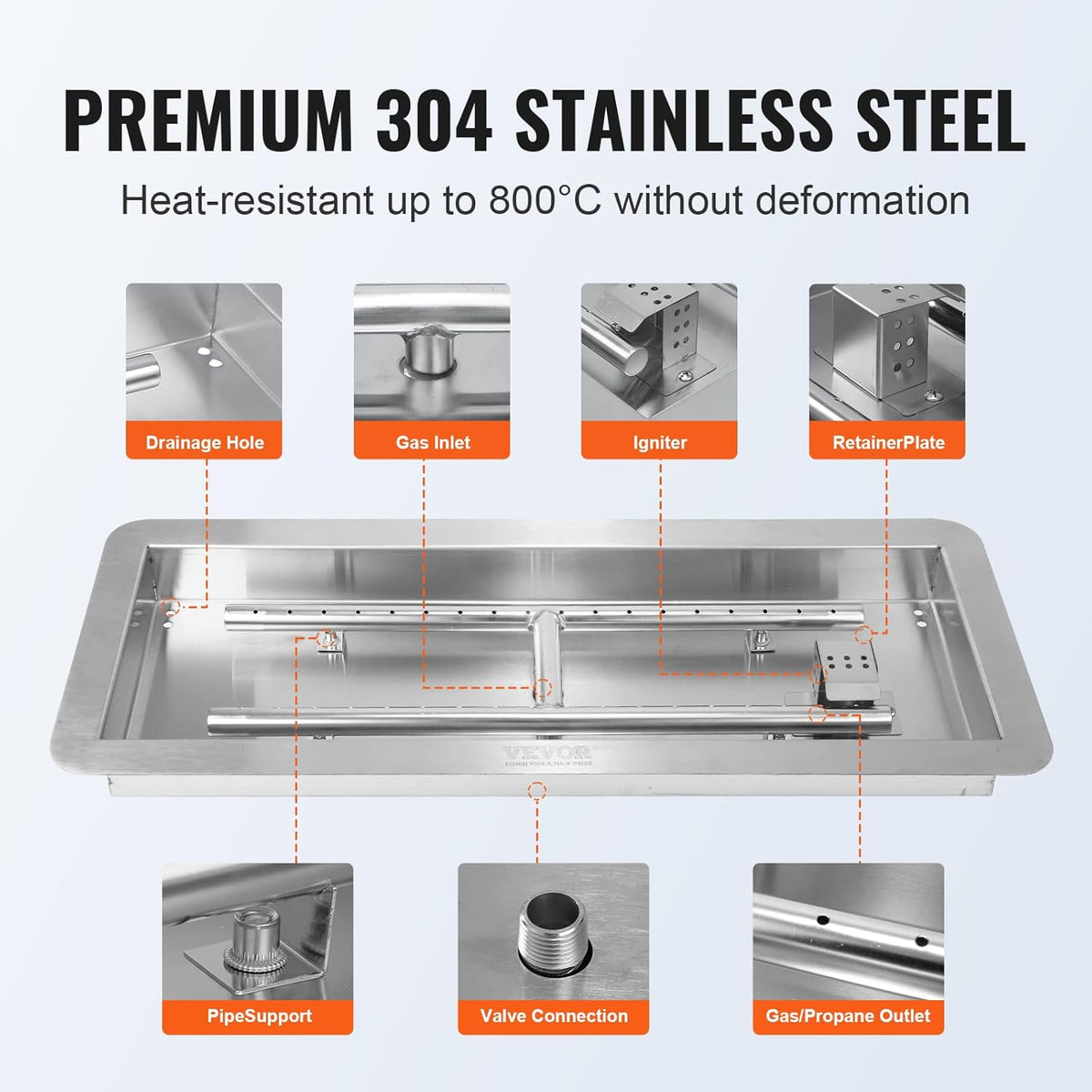 VEVOR 36 x 12 inch Drop-in Fire Pit Pan, Rectangular Stainless Steel Fire Pit Burner Kit, Propane Fire Pan 150,000 BTU with H-Burner for Indoor or Outdoor Use