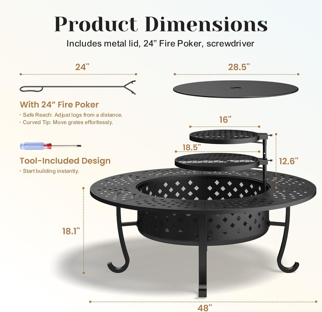Outdoor Fire Pit, 48" Fire Pit for Outside Wood Burning with Adjustable 2 Grills, Firepit with Lid and Fire Poker, BBQ, Bonfire, Round Outdoor Fireplace 3 in 1 for Patio, Backyard, Garden, Camping