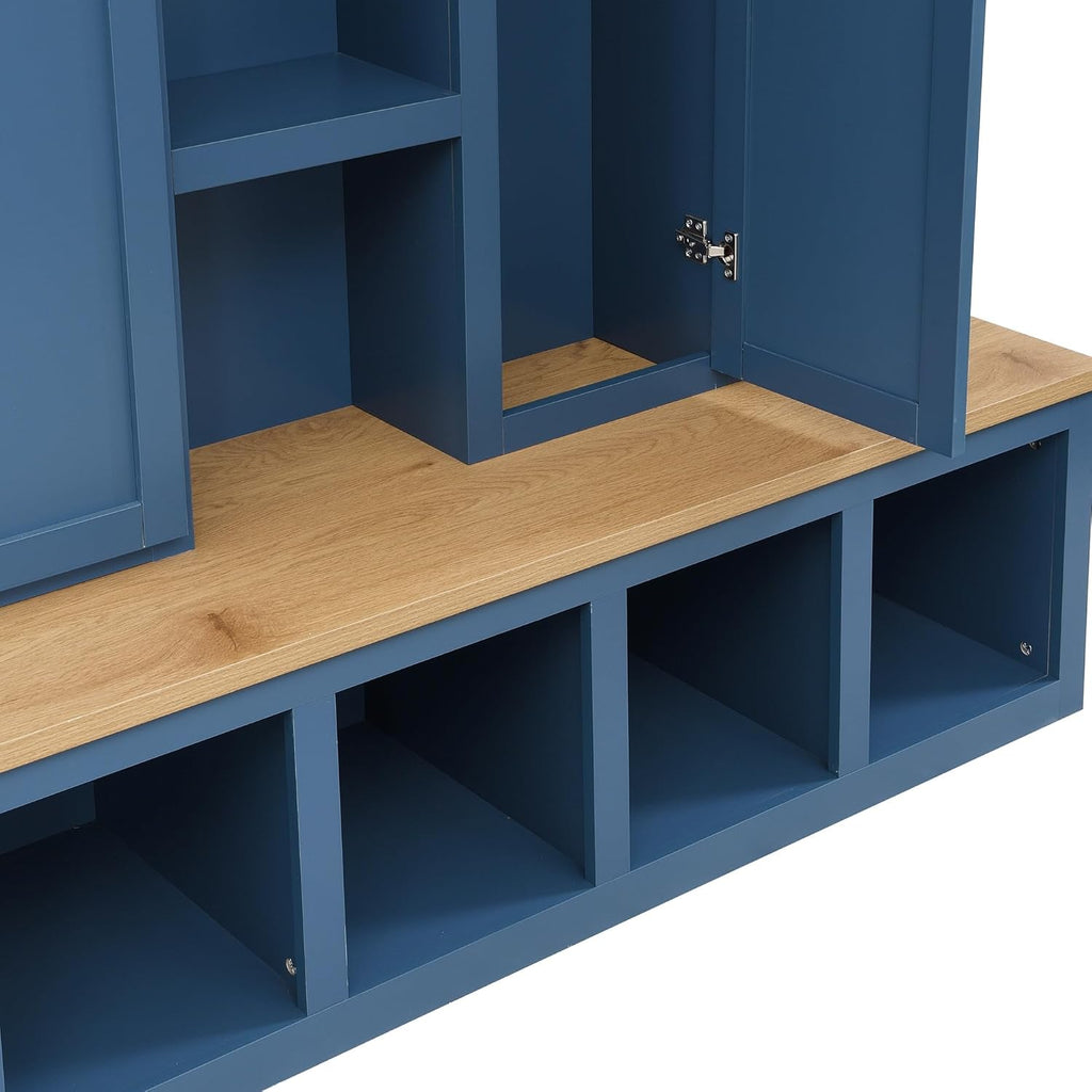 Modern 63'' Wide Hall Tree with 6 Hidden Hanging Hooks, Brown Wood Grain Minimalist Shoe Cabinet with Open Compartments, Entryway Coat Rack for Living Room Hallway (Blue-4.23)