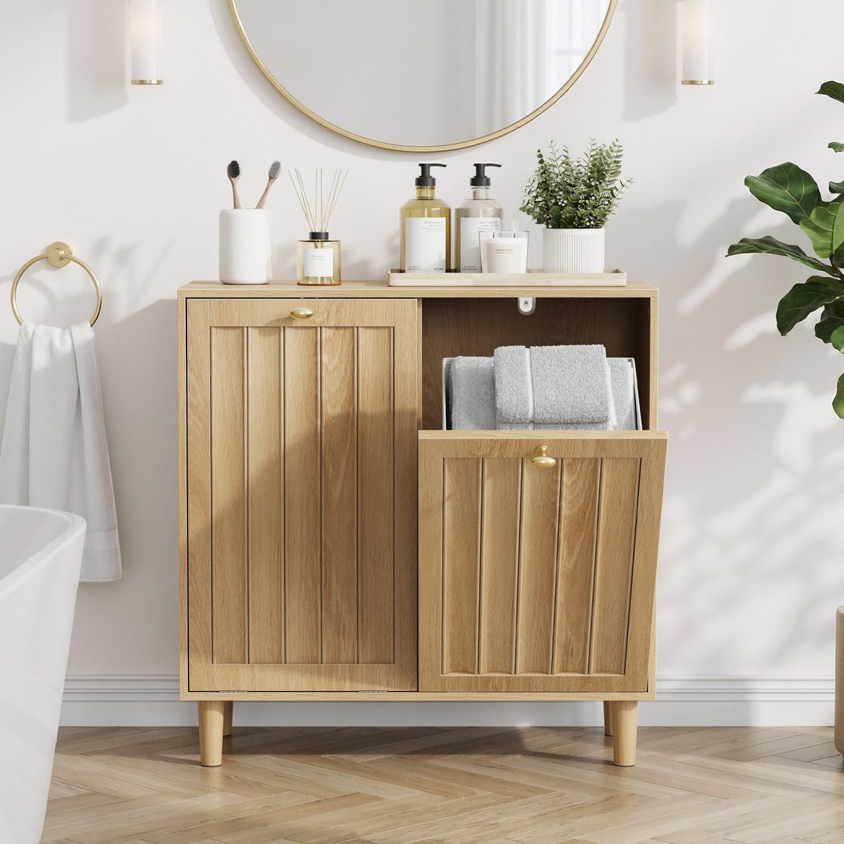 Oak Sloping Laundry Hamper Cabinet with 2 Removable Liners, Freestanding MDF Tilt-Out Storage Cabinet with Anti-Tipping Kit, Concealed Bathroom & Laundry Room Organizer, 27.8" H x 27.4" L x 13.8" D