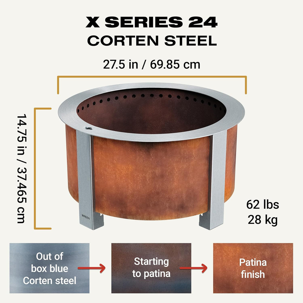 Breeo Smokeless Fire Pit (X Series 24, Corten Steel) | 27.5 inch Smokeless Firepit for Outside | 62 Pounds | Ideal for Families Compatible with Wide Range of Breeo Accessories